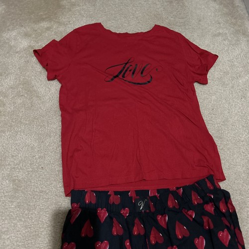 Victoria Secret 2 Piece Pajama Set Small Black Red Heart Print Valentines Set - Picture 4 of 24