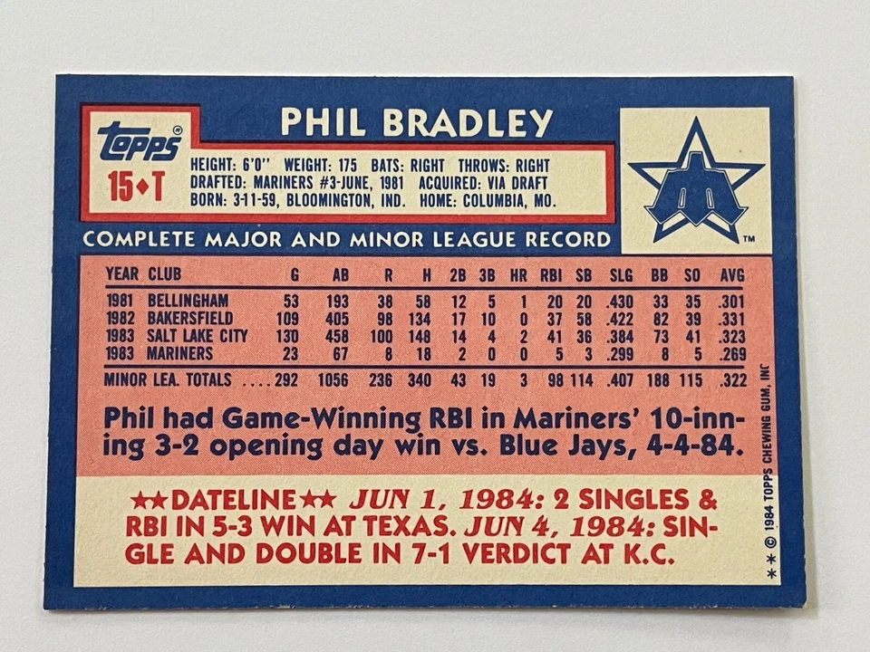 1984 Topps Baseball #15 - Phil Bradley XRC - Seattle Mariners - Image 2 of 2