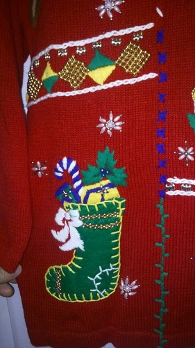 Ugly Christmas Sweater VICTORIA JONES Petite Small RED Teddy Bear XMAS STOCKING - Picture 6 of 12