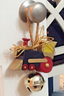 Colorful Christmas Train Locomotive Doorknob Hanger Wood With Large Sleigh Bell