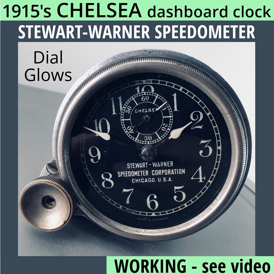 1915s CHELSEA Stewart Warner AUTOMOBILE CLOCK 8-Day Glows -WORKs