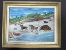 Tableau signé KERGOYANT ramassage goémon charrette à cheval  sur plage bretonne