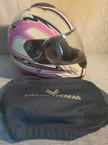 FRANK THOMAS MOTORCYCLE HELMET, SIZE S 55-56cm. PINK/WHITE/BLACK. GOOD CONDITION