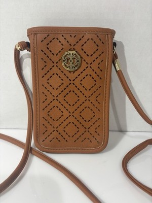 Laser Cut Vegan Leather Cell Phone Crossbody Purse Brown Pouch Gold Medallion