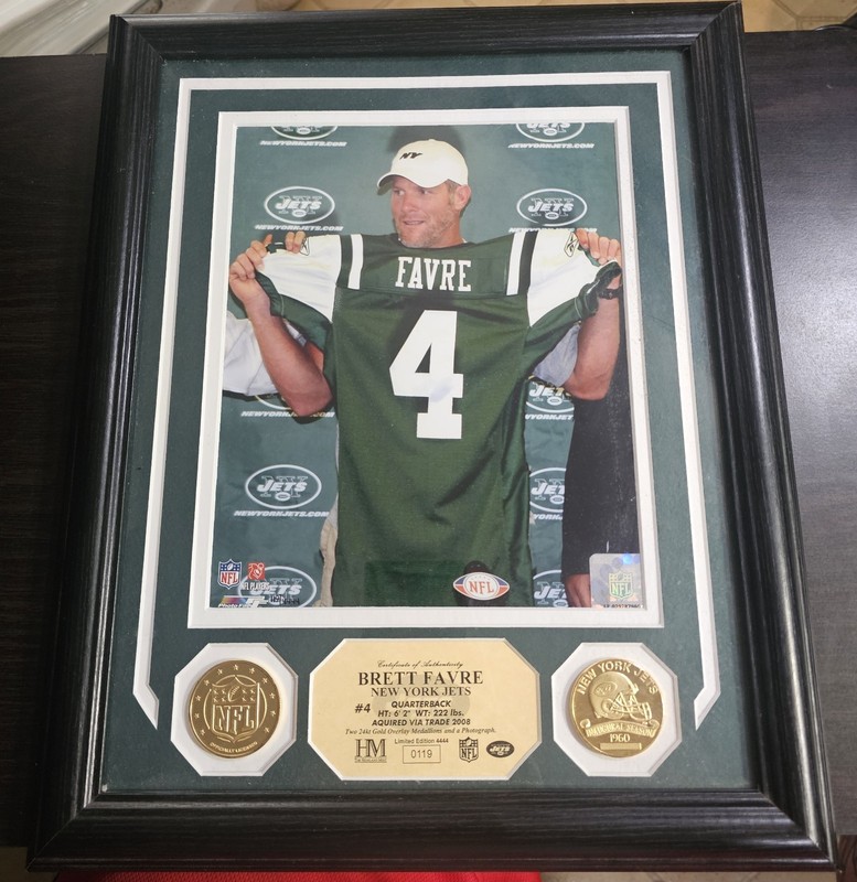 Brett Favre NY Jets-Two 24kt Gold overlay Medallions w/Photo, Limited Edition