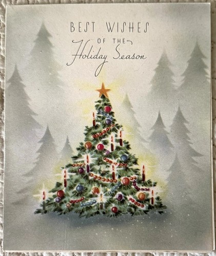 Unused Christmas Pine Tree Foggy Mountain Hill Vintage Greeting Card 1940s 1950s