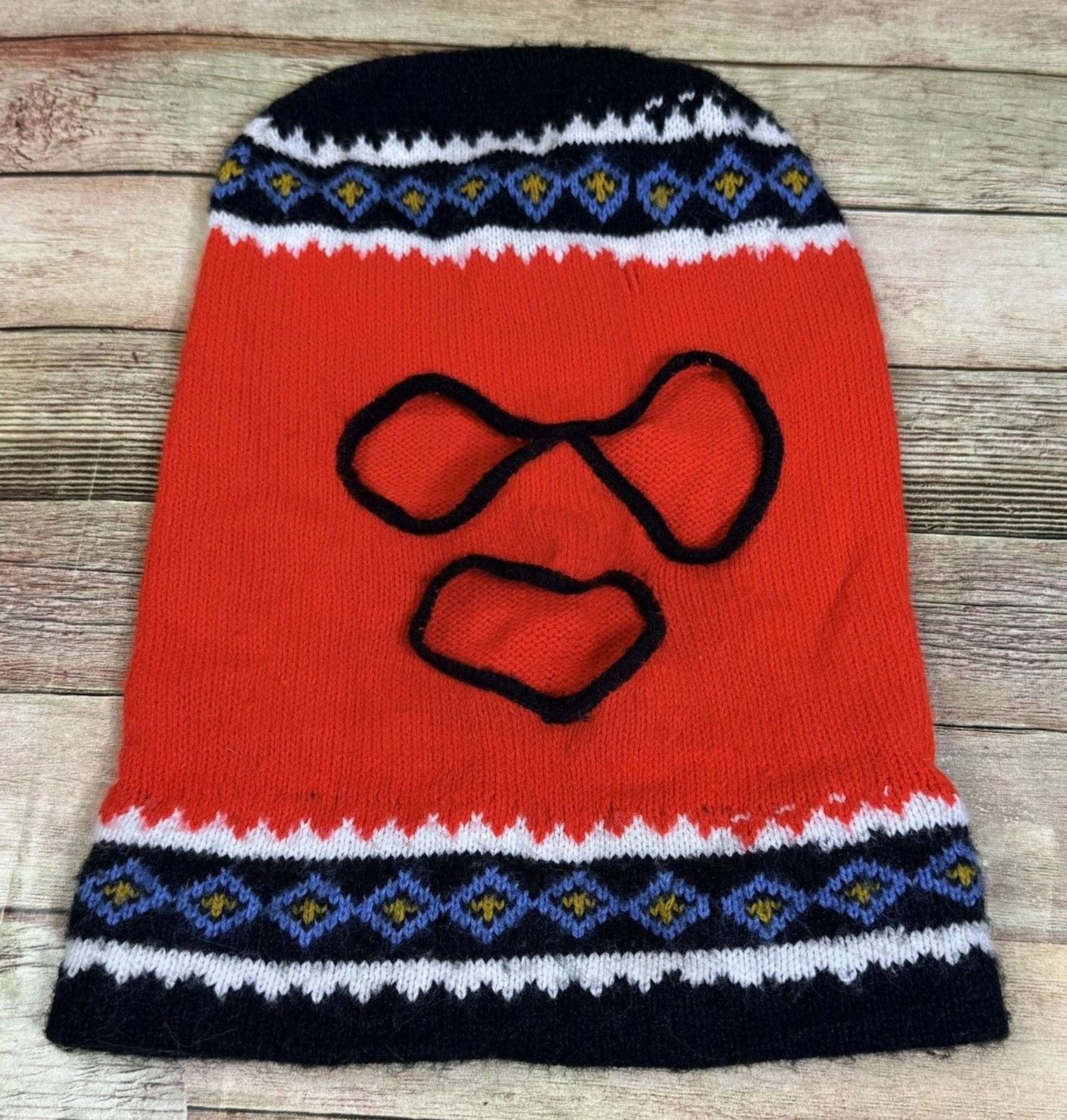 Vintage 70s Knit Ski Winter Mask 3 Hole Full Face Red with Pattern Robber Style