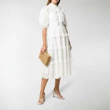 Zimmermann Amelie Scallop Frill Midi Dress Size 3 AU 14/US 10 Cream Ivory Belted