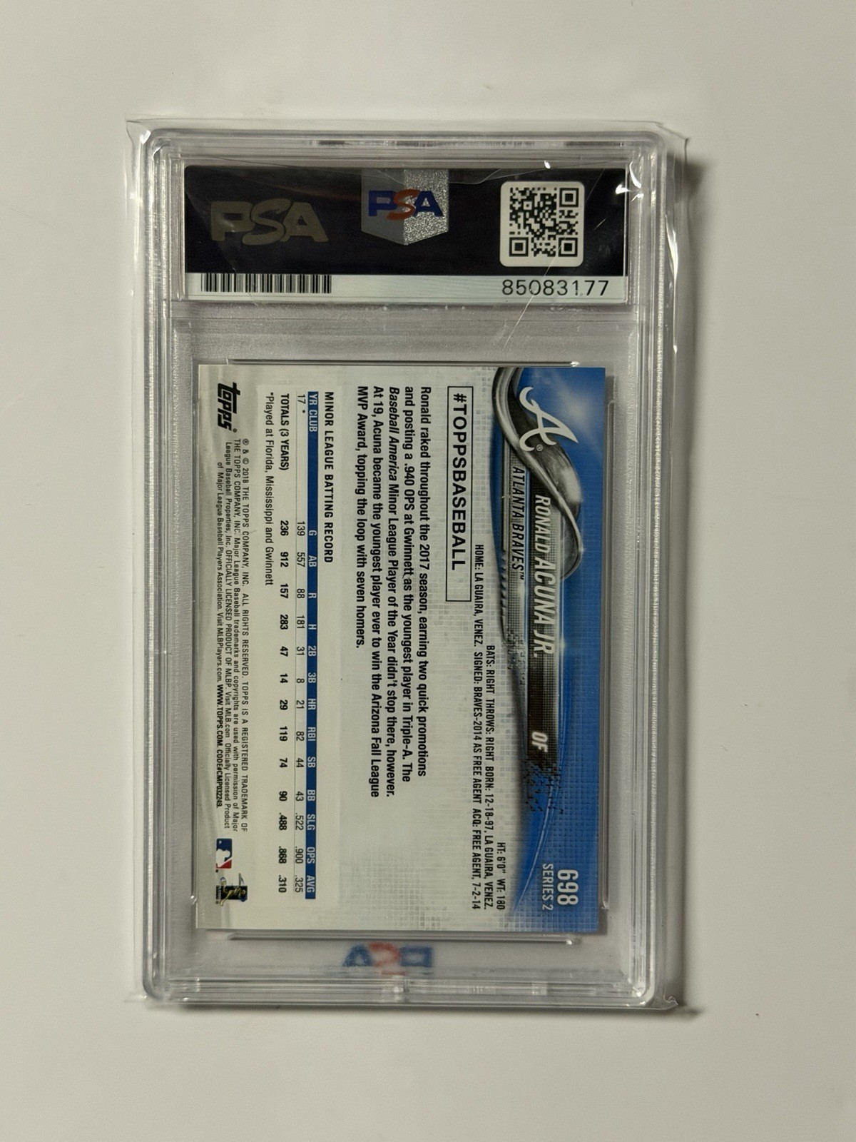 2018 Topps Update #US250 Ronald Acuna Jr. RC Rookie PSA/DNA Auto GEM MINT view 2