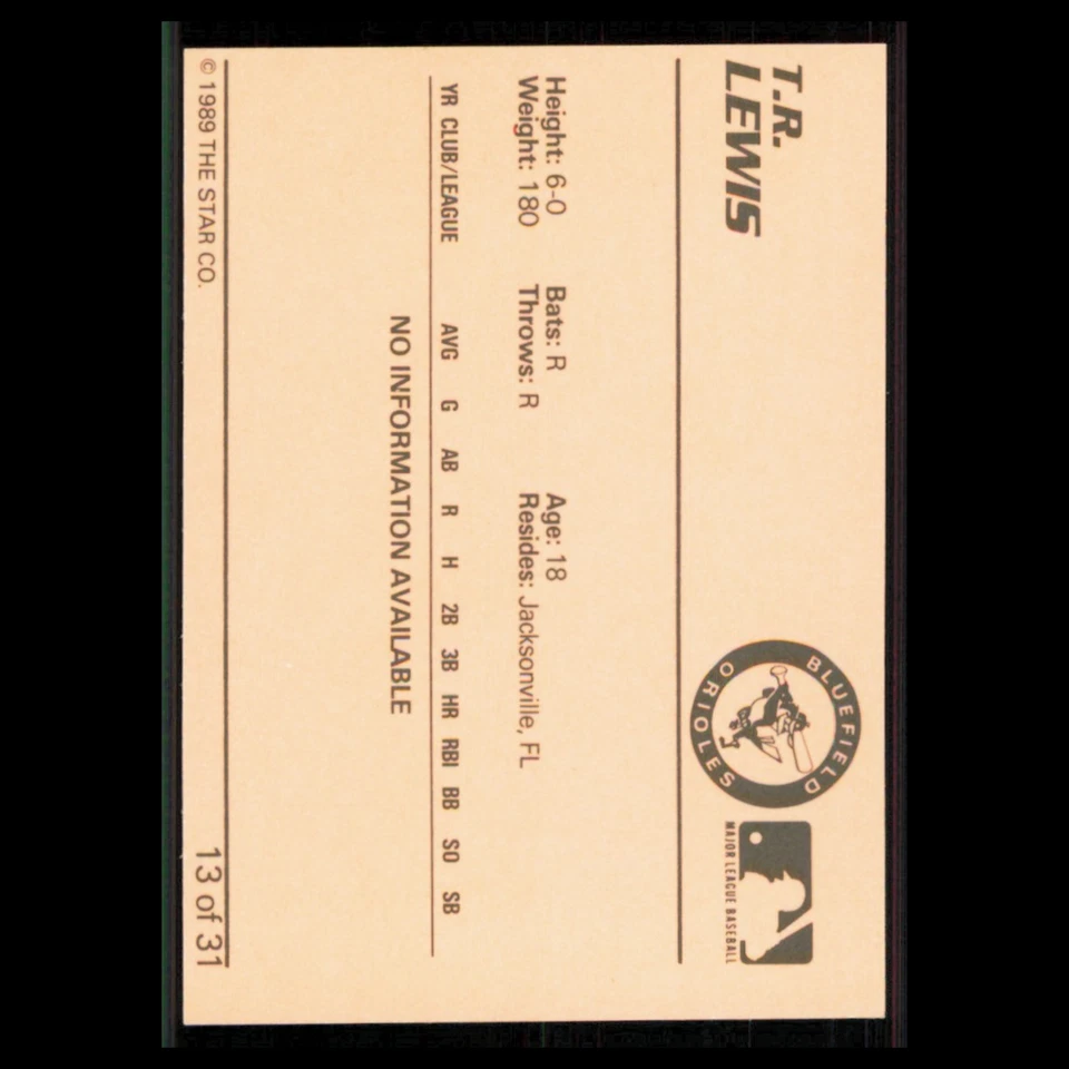 T.R. Tarjeta de béisbol Lewis #13 1989 Star Minor League Bluefield Orioles MLB casi nueva Foto 2 de 3