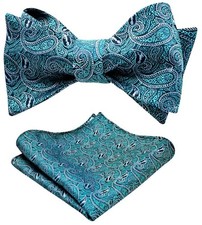 Men's Bow Tie Turquoise Paisley With Matching Handkerchief Self Tie
