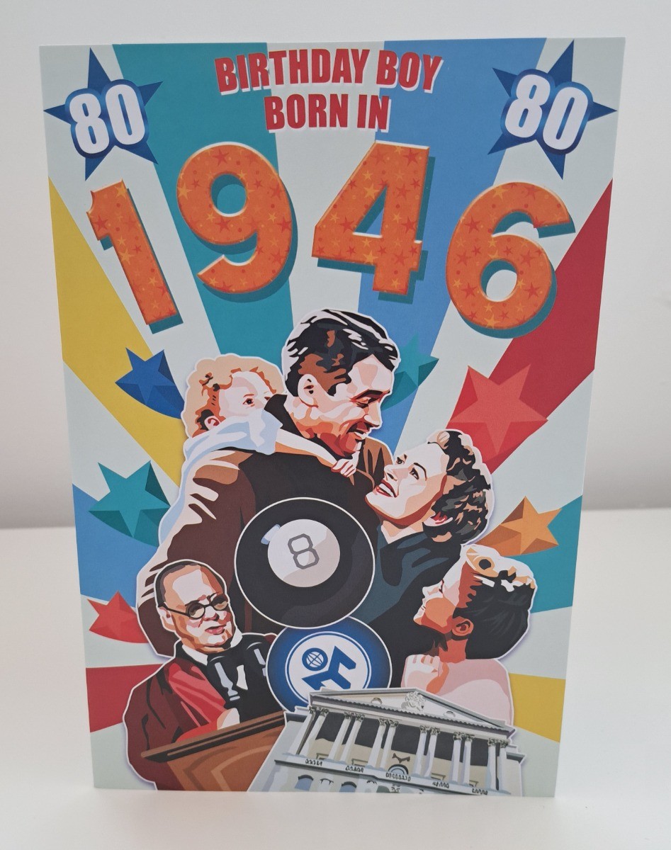 Male 80th Birthday Born In 1946 Card. Facts about 1946. 23x15cm (9x6 Inches)