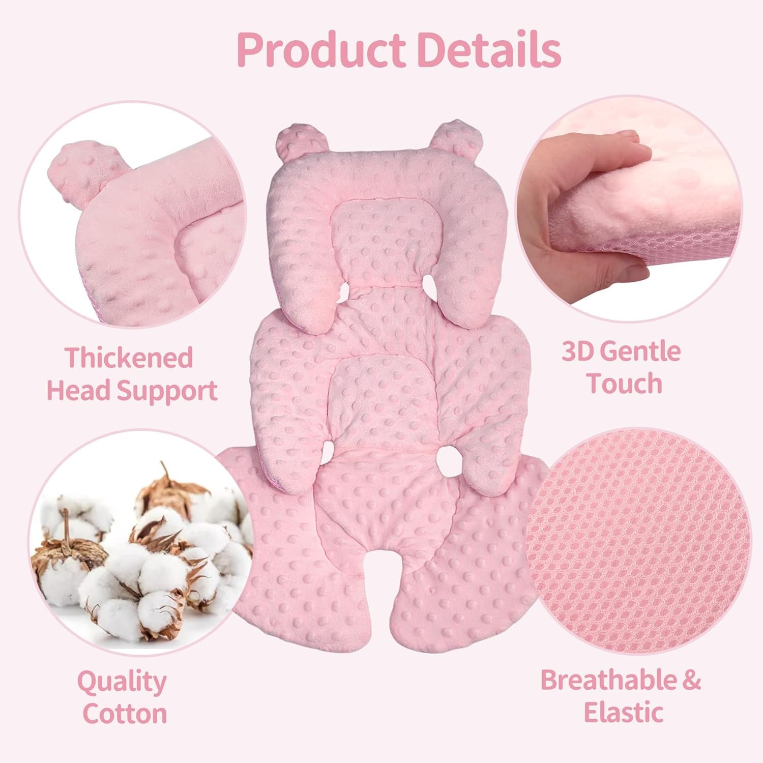 3-in-1 Reversible Car Seat Head & Body Support, Soft Infant Pillow Insert, Pink