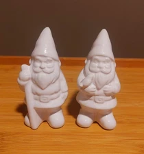 Set Of 2 White Glazed Ceramic Gnomes W/Walking Stick & Bird, Ankyo Development
