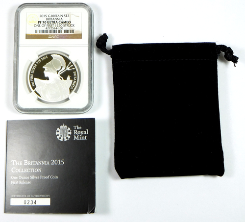 2015 £2 UK Britannia 1 Oz .999 Fine Silver Coin - NGC PF 70 UC - with COA
