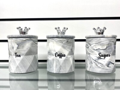 Tea Coffee Sugar Jar Grey Marble Storage Set Ceramic Air Tight