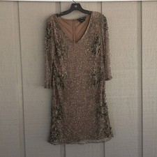 Pisarro Nights Beaded Size 6 V Neck 3/4 Sleeve Cocktail Dress In Mocha Defect 