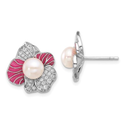 16.5mm 925 Silver Pink Enamel 6-7mm Freshwater Cultured Pearl/CZ Flower Earrings