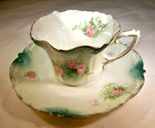 RS PRUSSIA MARKED PINK ROSES & GREEN/GOLD DECOR LARGE SCALLPED CUP & SAUCER SET!