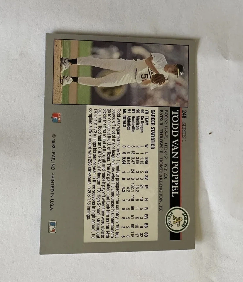 1992 Leaf Todd Van Poppel Oakland Athletics #248 - Image 2 of 2