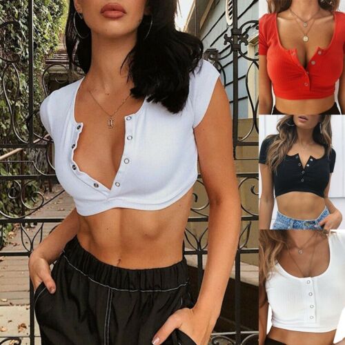 Womens Sleeve Crop Top Ribbed Sexy Button Short Low-cut T Shirt Cami Tops Blouse - Afbeelding 1 van 10