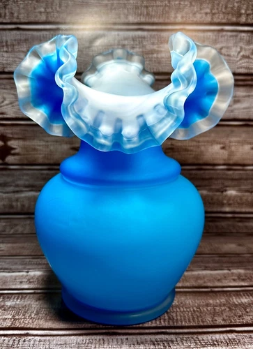 Fenton Satin Blue Overlay Glass Vase White Interior Crimped Handkerchief Rim