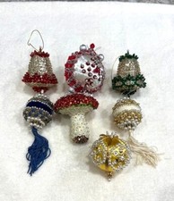 Lot 4- 7 Hand Made Vintage Beaded Christmas Ornaments-Satin-Sequin-Lace-Pearls