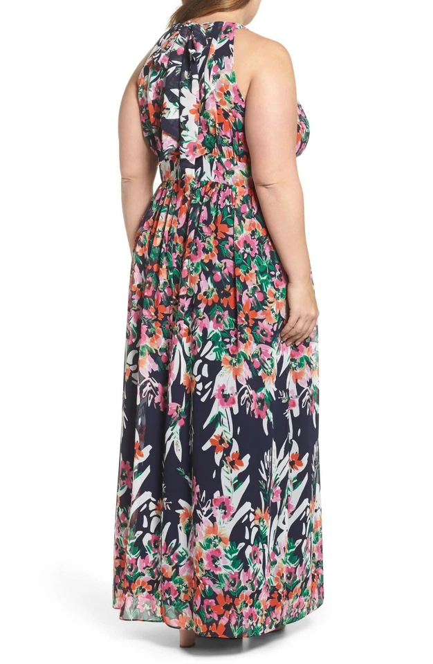 ELIZA J Navy Pink Floral Rose Print Halter Chiffon Maxi Gown Dress 18W = 2X 🌺 - Image 2 of 4