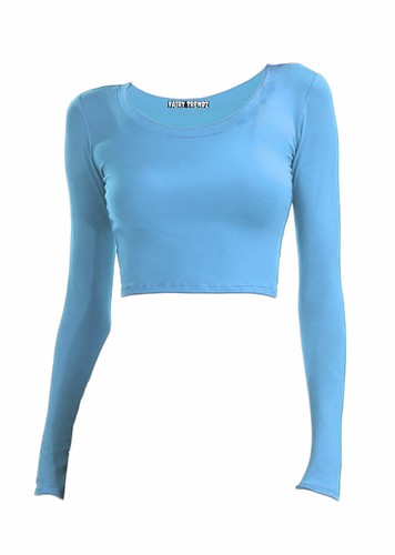 Womens Long Sleeve Crop Top TShirt Ladies Girls Scoop Crew Neck Crop Shirt Top - Picture 22 of 25