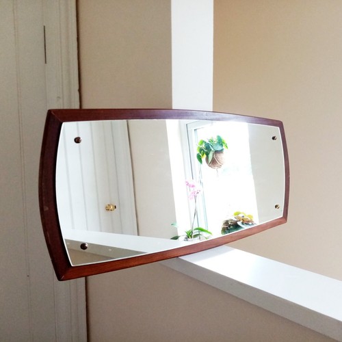 70s Mid Century Modern Teak Framed Wall Mirror Portrait or Landscape 31 x 14" - Picture 4 of 8