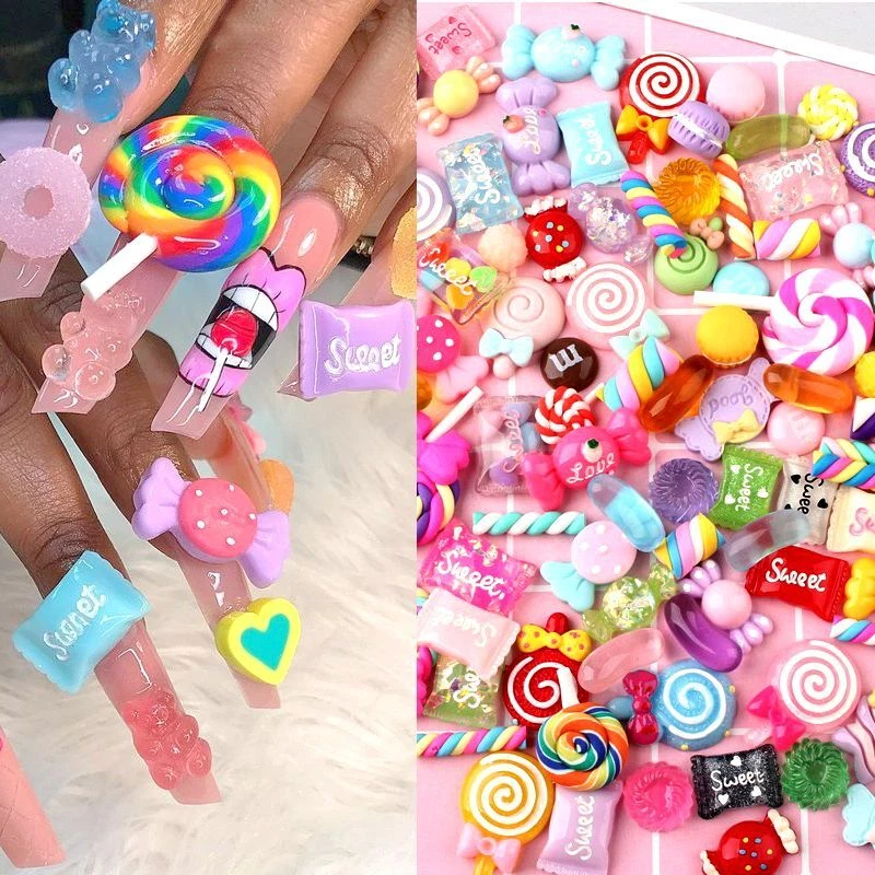 130Pcs 3D Candy Lollipop Nail Charms Colorful Assorted Sweet Candy