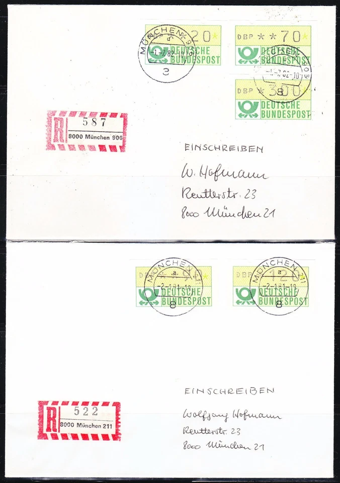 Germany Bund 1981-1982 set of 4 Registered ATM Mi 1 FDC covers to 300pf /DBP - Image 2 of 2