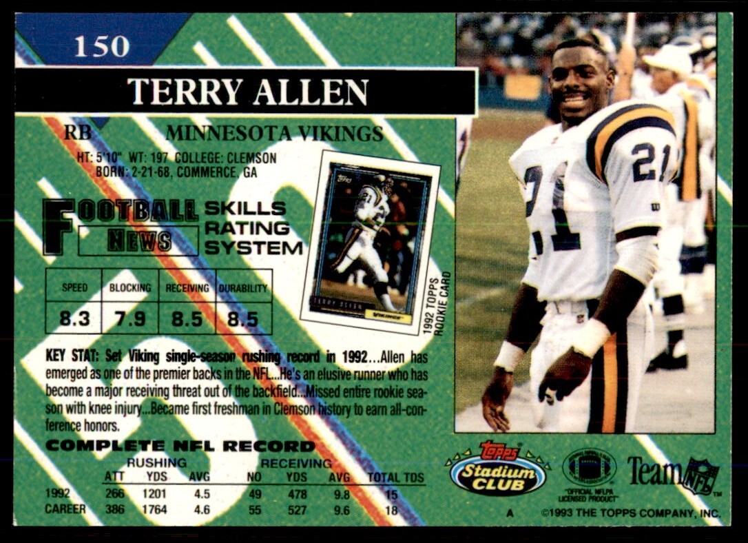 1993 Topps Stadium Club Terry Allen Minnesota Vikings #150 NFL