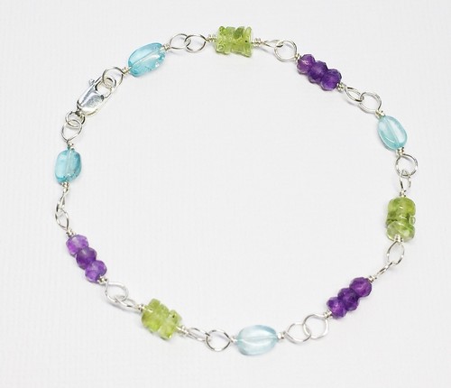 Amethyst Apatite Peridot Gemstone Sterling Stacking Bracelet Artisan made - Picture 4 of 5