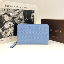 Pre-owned Gucci Micro GG Light Blue Embossed Leather Zip Around Long Wallet Gold