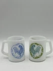Vtg Federal Milk Glass Rooster Mugs D Handle Set of 2 Farmhouse Decor Blue Green