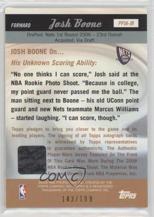 2006-07 Topps Big Game Picture Perfect Jersey /199 Josh Boone Rookie Auto RC - Image 2 of 2