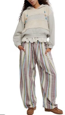 Free People Women s xl Striped Cotton Linen Drawstring Wide-Leg Pants 