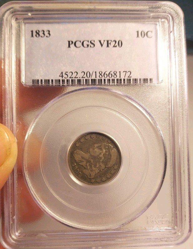 Pop 1 Of 32, PCGS Graded VF 20,  1833 Capped Bust Dime