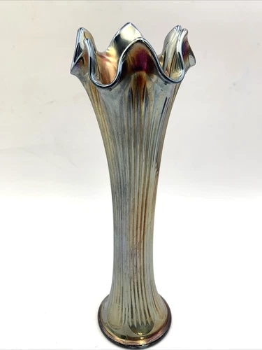 Antique Fenton Cobalt Blue and Rib Swung Vase Carnival Glass 9-7-8” 6 Knob