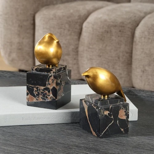 Uttermost 18301 Golden Finch Brass and Black Marble Bird Figurines, Set of 2 - Picture 4 of 6