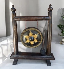 Vintage Thai-Style Temple Gong on Wood Stand 22” w/ Mallet Buddhism Decor