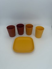 Tupperware Play Set of 4 Kids Mini Colorful Cups 1 Plate Yellow Orange Red 80s