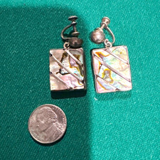 925 Sterling Silver Mother of Pearl/Abalone Rectangle Inlay Dangle Earrings