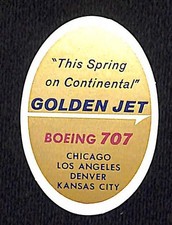 Continental Airlines Golden Jet Boeing 707 Luggage Label USA 1960s