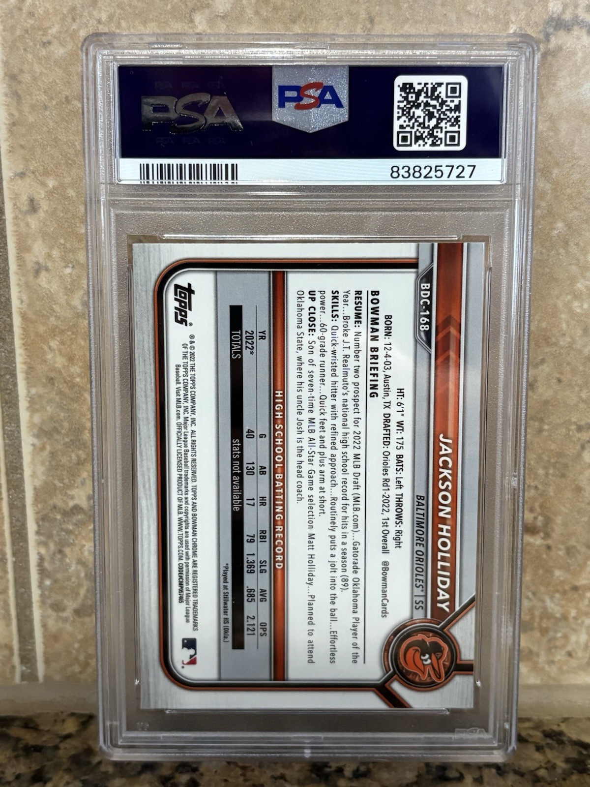 2022 BOWMAN DRAFT CHROME SAPPHIRE ED #BDC168 JACKSON HOLLIDAY PSA 9 view 2