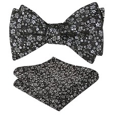 Mens Floral Self-tied Bow Tie with Pocket Square Colorful Tie 045-black gray