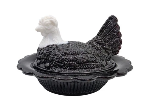 Vintage Mosser Black White Milk Glass Head Hen On A Nest Candy Dish 6.5" Chicken