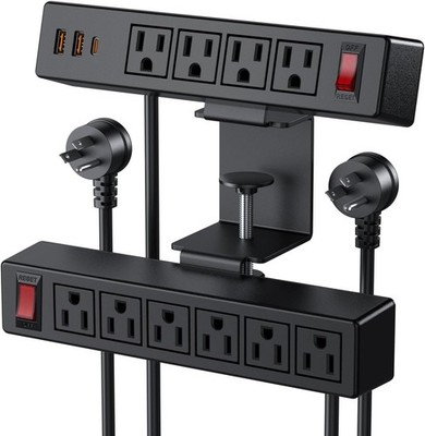 Dual Layer Desk Clamp Power Strip Surge Protector, Under 6FT, Black 
