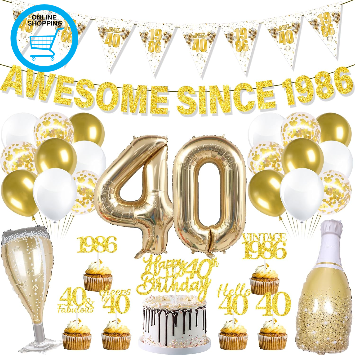 40Th Birthday Decorations Balloons Banner - 31 Pcs Gold Awesome since 1986 Banne